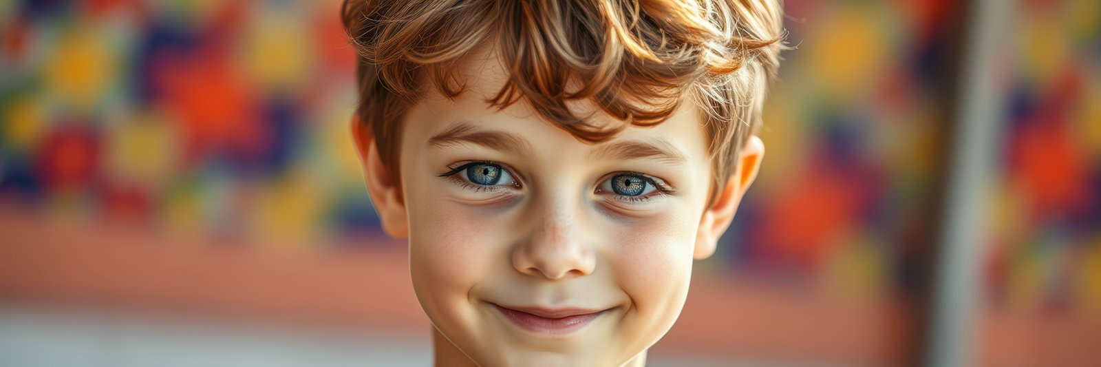 Young boy with curly hair smiling confidently in a colorful background during daytime outdoors